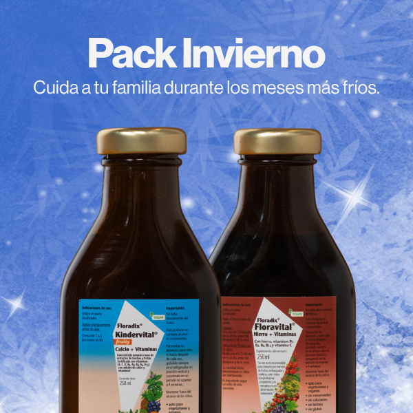 Paquete de invierno de SalusFlora con vitaminas y minerales en envase colorido, ideal para fortalecer el sistema inmunológico.